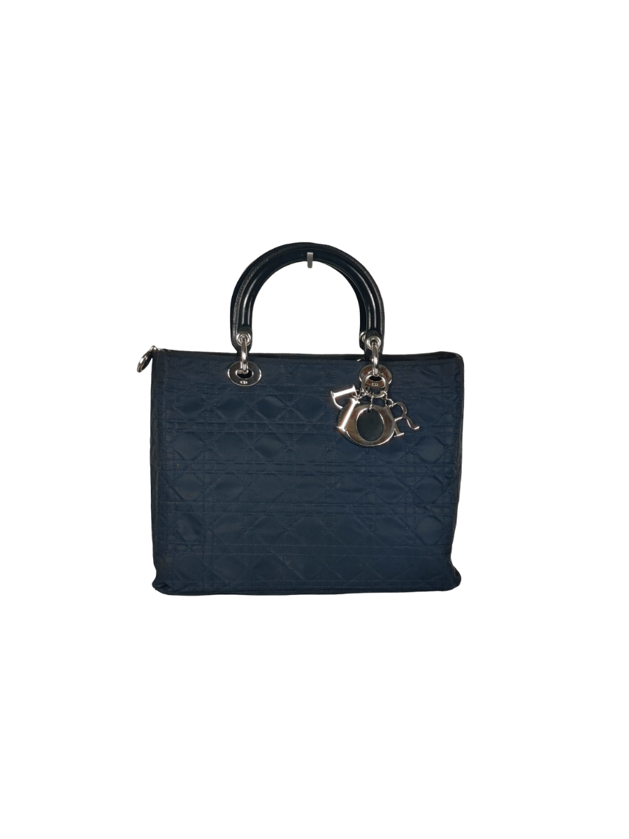Dior Lady Dior Cannage Large Nylon & Cuir Bleu Marine Sellier Vintage