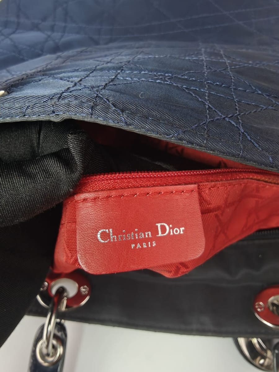 Dior Lady Dior Cannage Large Nylon & Cuir Bleu Marine Sellier Vintage