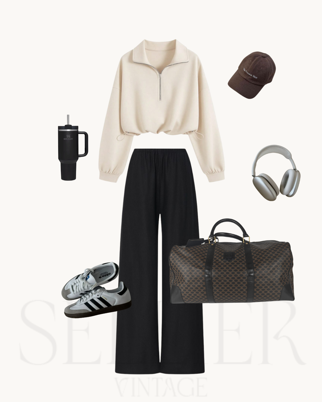 Look inspiration aéroport sac Céline Bostom Triomphe Macadam d'occasion Sellier Vintage