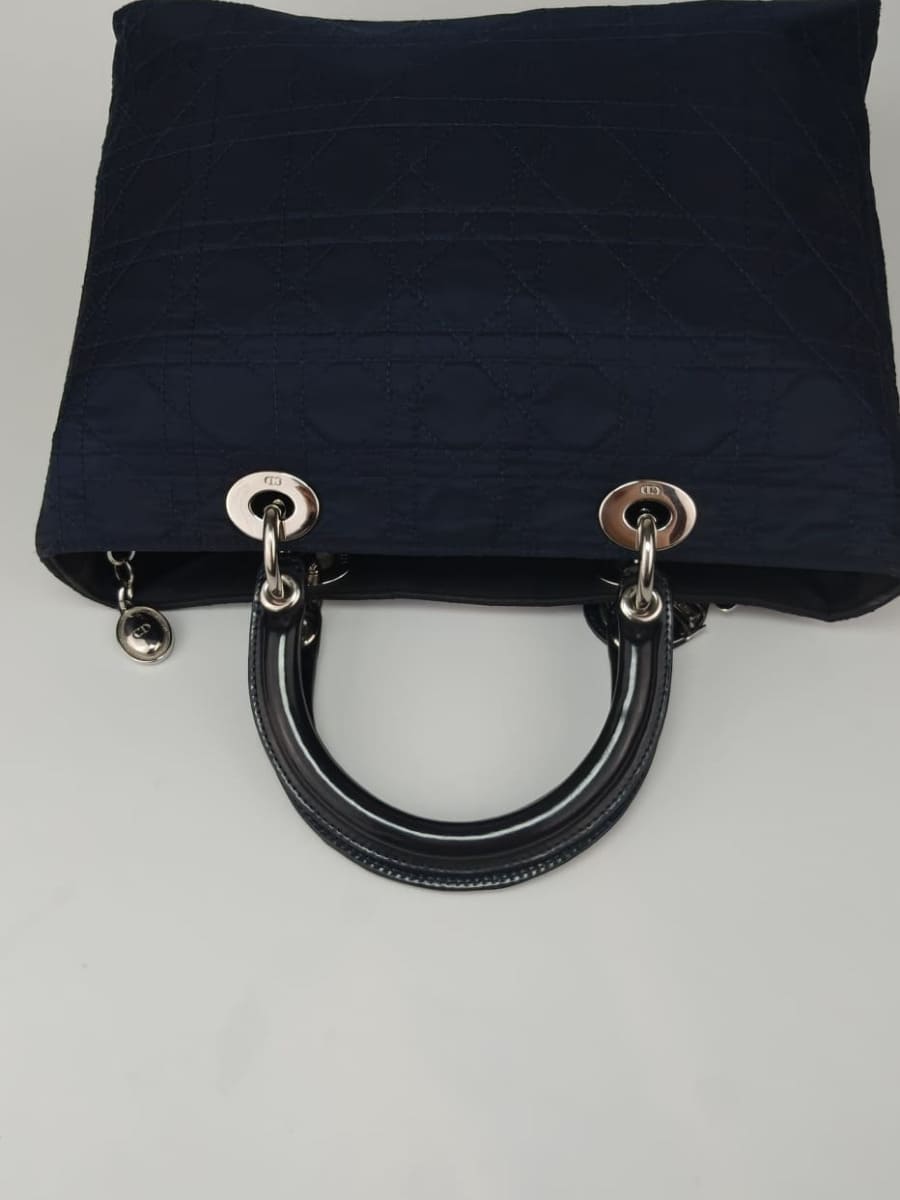 Dior Lady Dior Cannage Large Nylon & Cuir Bleu Marine Sellier Vintage