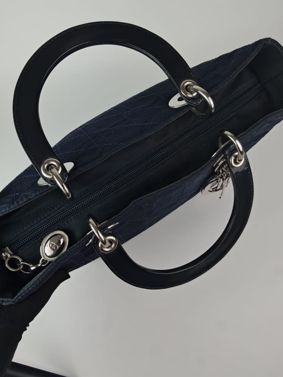 Dior Lady Dior Cannage Large Nylon & Cuir Bleu Marine Sellier Vintage
