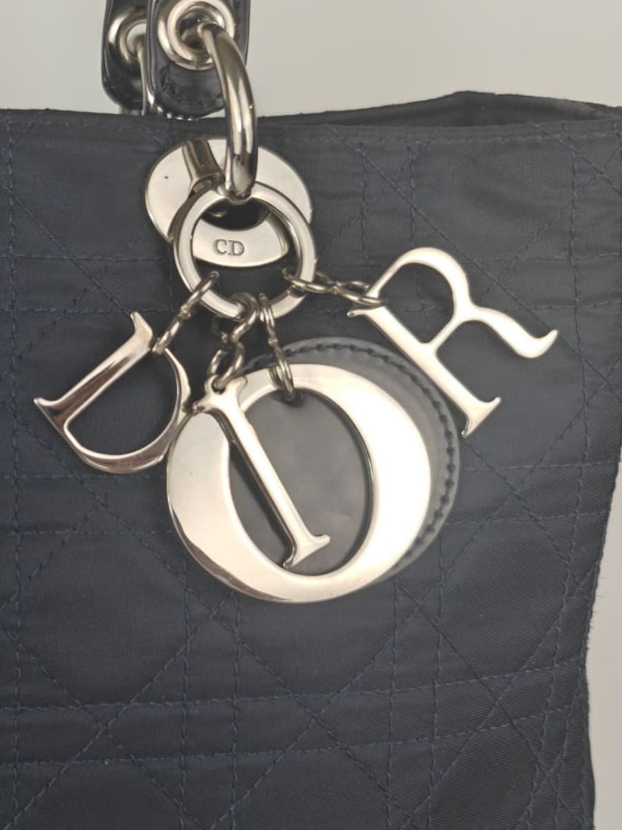 Dior Lady Dior Cannage Large Nylon & Cuir Bleu Marine Sellier Vintage