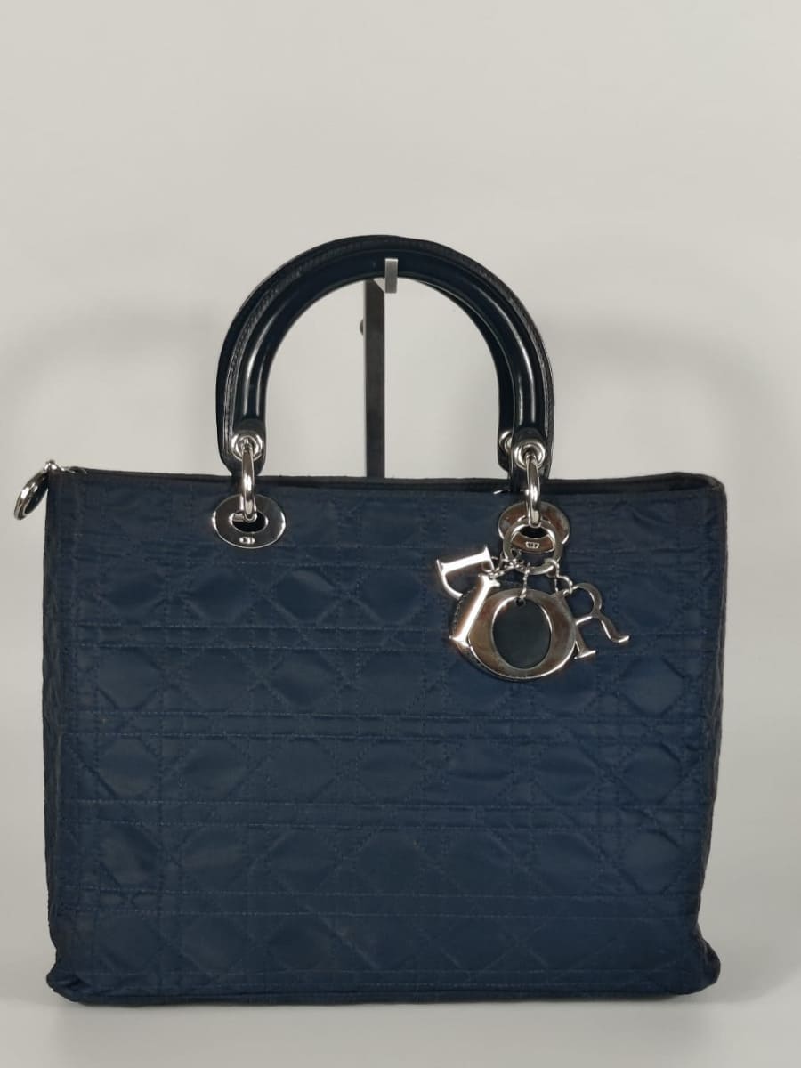 Dior Lady Dior Cannage Large Nylon & Cuir Bleu Marine Sellier Vintage