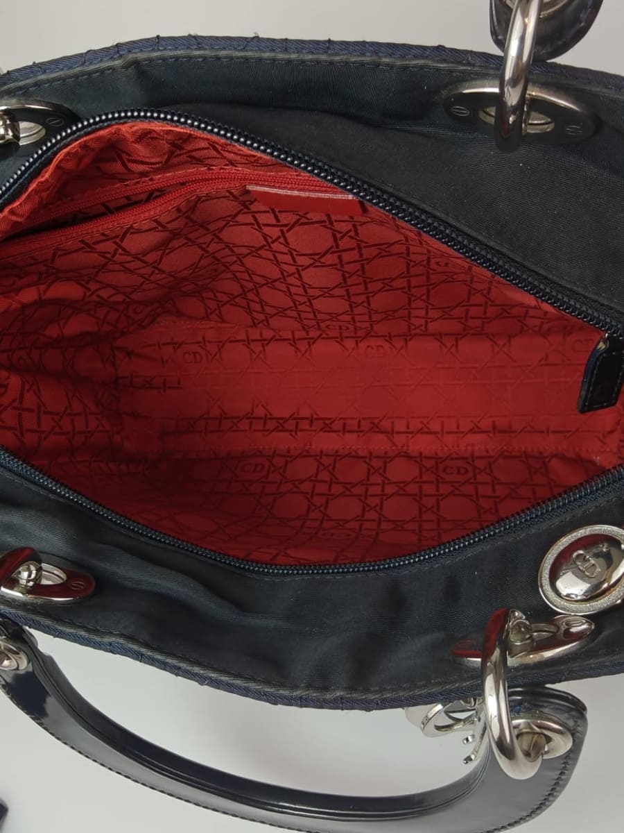 Dior Lady Dior Cannage Large Nylon & Cuir Bleu Marine Sellier Vintage